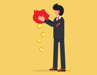 Businessman Taking Money Out of Piggy Bank. Financial crisis concept. Flat style vector illustration isolated on yellow background.