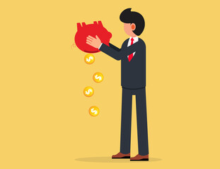 Obraz premium Businessman Taking Money Out of Piggy Bank. Financial crisis concept. Flat style vector illustration isolated on yellow background.