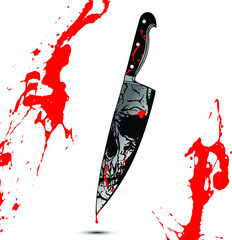 Concept vector illustration of skull reflection on kitchen knife edge red blood splatters and stains.