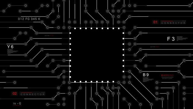 Technology Connections HUD appearing animation.Place Logo.Technological motherboard electrical circuit HUD with programming text and infographic elements.Black background for alpha channel.