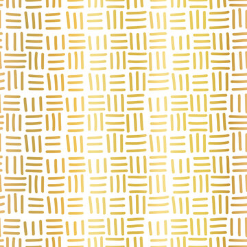 Golden seamless vector pattern hatch woven geometric texture. Gold foil metallic effect hatched lines in square grid design on white background. Modern, abstract, woven style design. Wallpaper print.