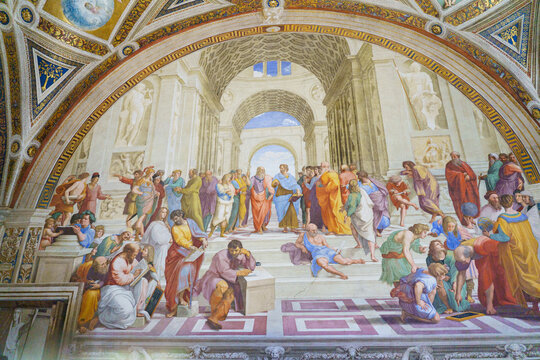 Vatican City, Rome, 11.102021. Raphael , Raffaello Sanzio da Urbino, The School of Athens, 1511, fresco, Vatican Museums