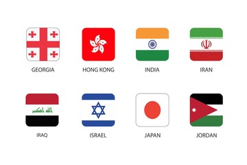 Set of square flag in Asia countries isolated on white background. Set of Georgia, Hong Kong, India, Iran, Iraq, Israel, Japan and Jordan.