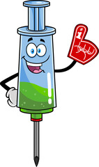 Medical Syringe Vaccine Cartoon Character Wearing A Foam Finger. Vector Hand Drawn Illustration Isolated On Transparent Background