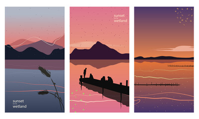 Sunset in wetland, set of pink, coral and violet backgrounds of lagoons with mountains, silhouettes of people and pier. Vector illustration in flat, textured, hand drawn style. Abstract and minimal.