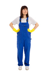 young female cleaner in blue robe uniform and yellow gloves isolated on white background