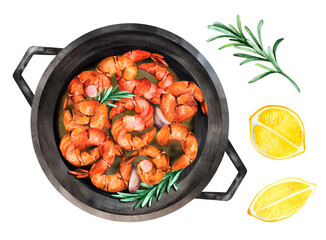 Fried shrimp in a pan. White isolated background