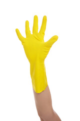 housekeeping concept - hand in yellow rubber glove showing five fingers isolated on white