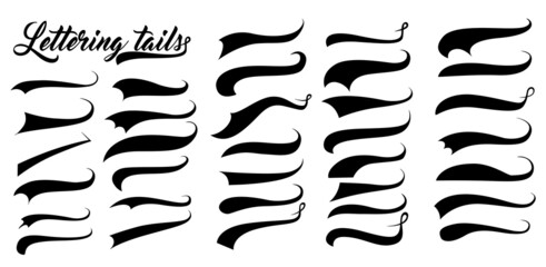 Swoosh and swash typography tails shape. Underline retro swoop wave line for athletic tshirt. Vector strockes set - obrazy, fototapety, plakaty