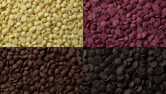 Different types of chocolate rotate. White, ruby, milk, dark chocolate chips. 4K UHD video