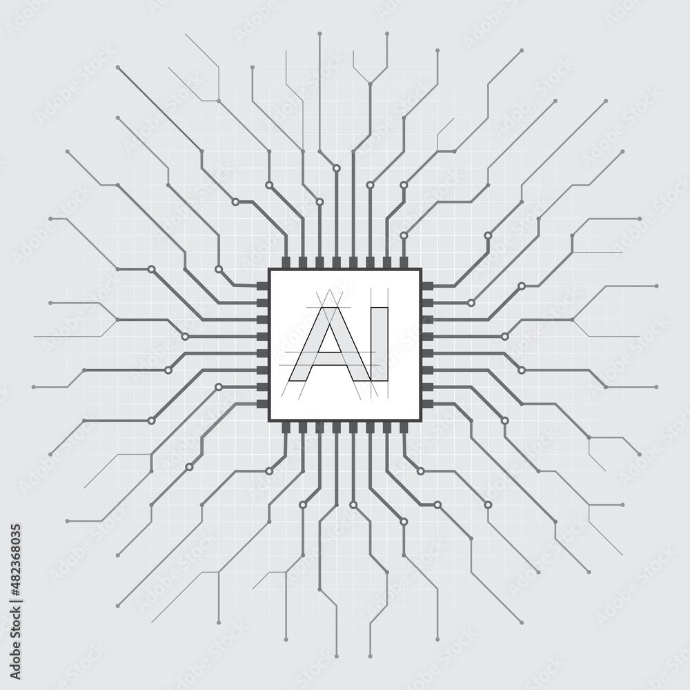 Poster artificial intelligence, ai. abstract processor, computer digital chip, printed circuit board. techn