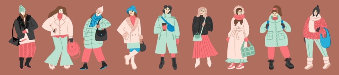A set of flat illustrations of women in everyday winter and autumn clothes and shoes.