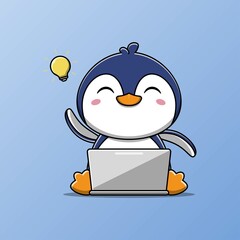 Cute penguin is working on laptop and has an idea vector illustration