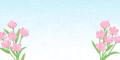ピンクの花と青空の背景　背景素材　ベクターイラスト　バナーサイズ