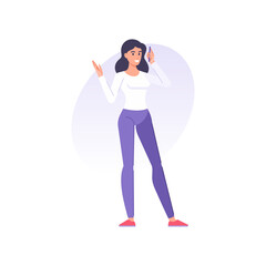 Happy modern casual woman wearing jeans and white shirt talking smartphone hand gesticulate vector