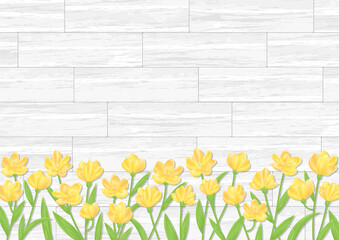 木目調の背景に黄色い花の飾り　背景イラスト　ベクター素材