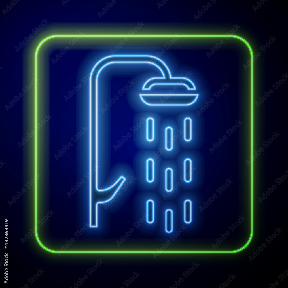 Poster glowing neon shower head with water drops flowing icon isolated on blue background. vector