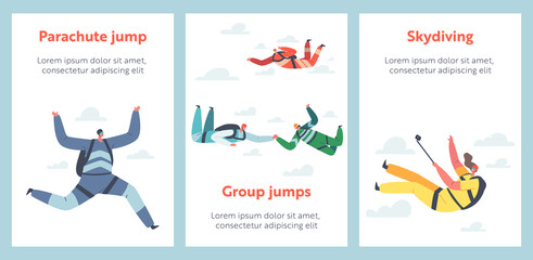 Parachuting Extreme Sport Cartoon Banners, Recreation. Skydiver Characters Making Protracted Jump with Parachute