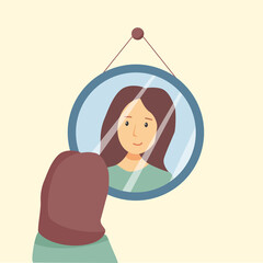 A lovely woman admires her reflection in the mirror. Love yourself, self care, self acceptance concept. Vector cartoon illustration