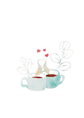 Two cups of tea decorated with hearts and leaves - romantic date concept