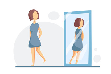 A lovely woman admires her reflection in a full-length mirror. Love yourself, self care, self acceptance concept. Vector cartoon illustration