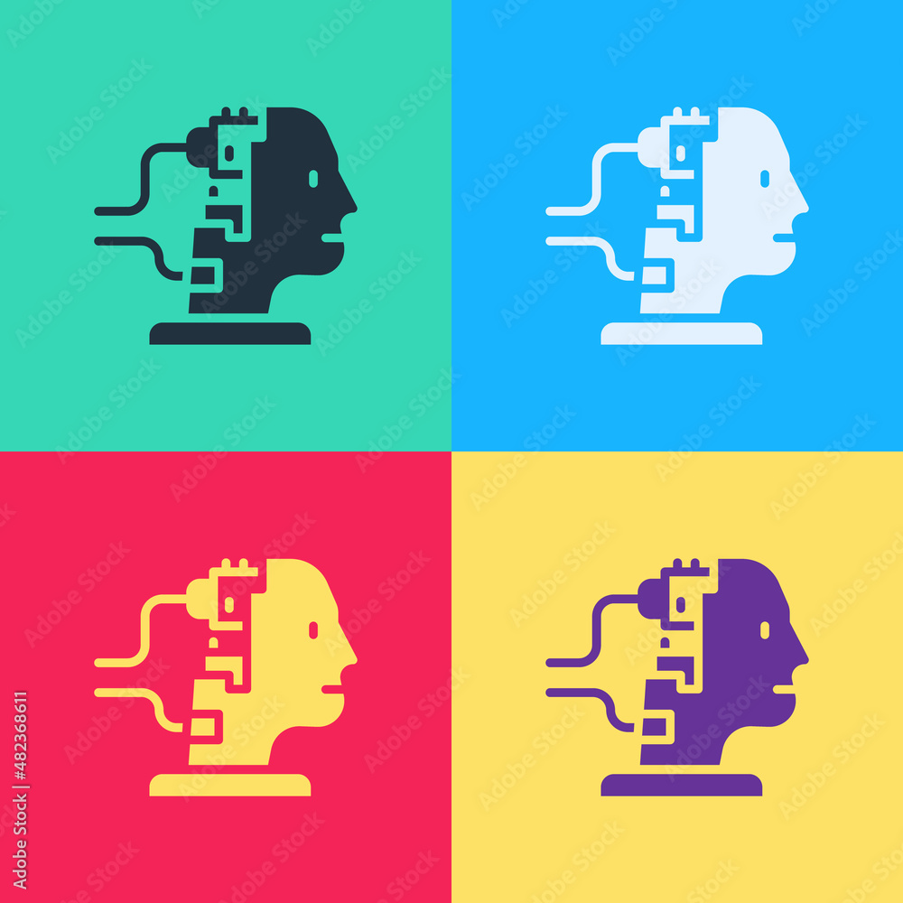 Poster pop art robot connected for maintenance icon isolated on color background. artificial intelligence, 