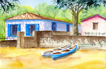 Watercolor illustration of a sandy coast with a stone wall, colorful houses, with green trees and fishing boats near the wall