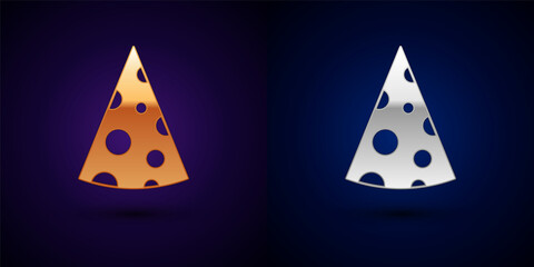 Gold and silver Cheese icon isolated on black background. Vector