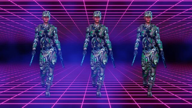 Sci Fi Girl Soldiers in a Tunnel with Fog. 3D Render