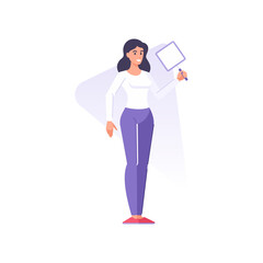 Beautiful brunette woman holding squared billboard with handle for announce advertising vector