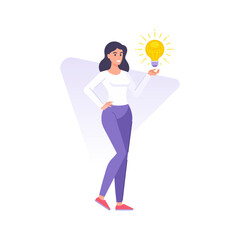 Happy woman leader holding light bulb having good idea innovation vector flat illustration