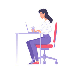 Smart female office worker sitting on chair at desk workspace with coffee paper cup side view vector