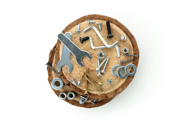 Work tools on wooden slices isolated on white background