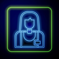Glowing neon Seller icon isolated on blue background. Vector