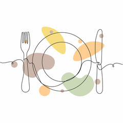 Continuous one simple single abstract line drawing of the fork and knife with plate icon in silhouette on a white background. Linear stylized.
