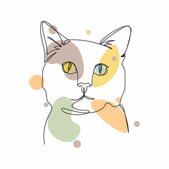 Continuous one simple single abstract line drawing of portrait cat odd eyes icon in silhouette on a white background. Linear stylized.