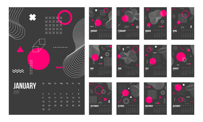 Calendar 2022 template vector, Set Desk calendar 2022, wall calendar design, Planner, Week start on Sunday, vertical layout, - 482370470