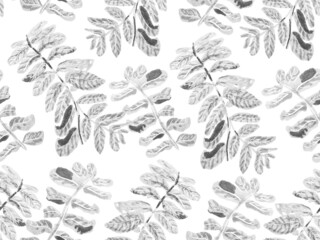 Simple Tropical Clean Seamless Pattern. Monochrome and Greyscale Floral Creative Summer Print. Exotic Swimwear Foliage Background. Hand Drawn Hawaii Forest Illustration. Naive Doodle Jungle Design.