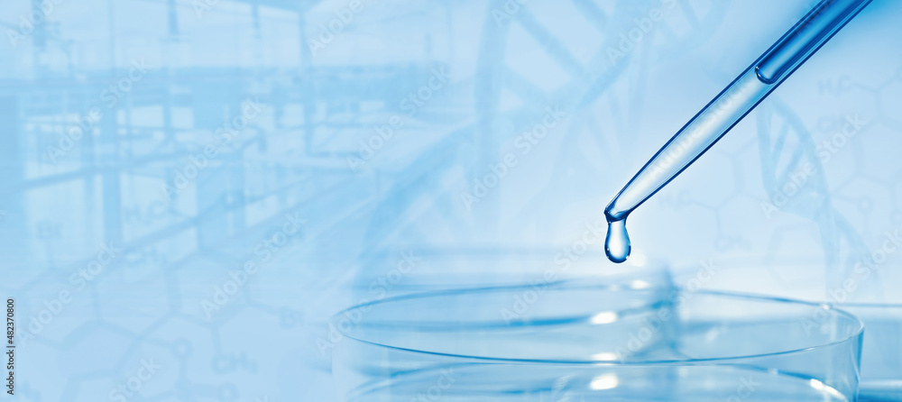 Wall mural pipette and petri dish with dna and formulas with abstract science background