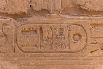 Relief details and Egyptian hieroglyphs at Karnak temple complex in Luxor