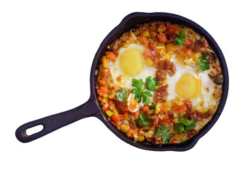 Fried eggs on pan with buns. Shakshouka is Maghrebi dish of eggs poached in a sauce of tomatoes, olive oil, peppers, onion and garlic. Isolated on white background, top view