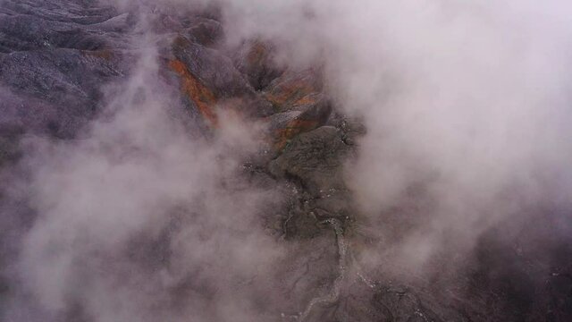Drone flies over the hardened lava of the Volcano Poas in Costa Rica