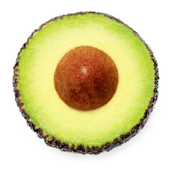 Half of fresh avocado isolated on white background. Ripe fresh avocado Haas closeup.