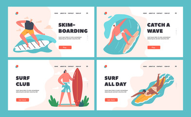 Fototapeta na wymiar Surfing Sport Landing Page Template Set. Surfers Characters Men and Women in Swimwear Riding Surf Boards by Ocean Waves