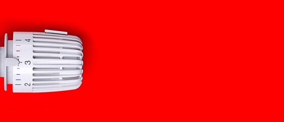 Thermostatic radiator valve on red background. Panoamic image wih copy space.	