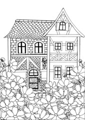 Coloring book page for adult and children. Vintage coloring page with cosmos flowers and rustic half-timbered house.