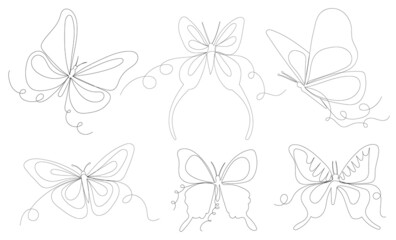 set of butterfly drawing by one continuous line ,vector, isolated