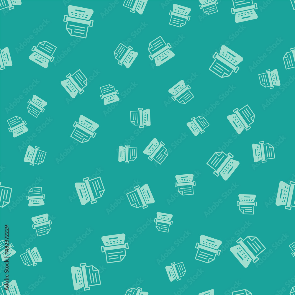 Poster green retro typewriter and paper sheet icon isolated seamless pattern on green background. vector