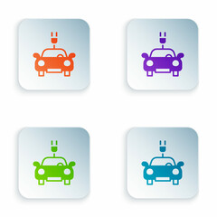 Color Electric car and electrical cable plug charging icon isolated on white background. Renewable eco technologies. Set colorful icons in square buttons. Vector