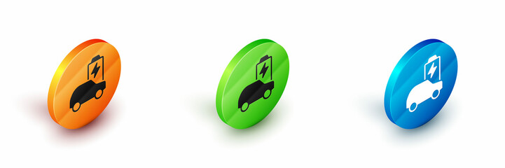 Isometric Electric car and electrical cable plug charging icon isolated on white background. Renewable eco technologies. Circle button. Vector
